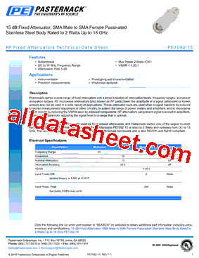PE7092-15 Datasheet PDF - Pasternack Enterprises, Inc.