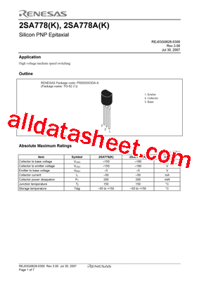 2SA778 Datasheet PDF - Renesas Technology Corp