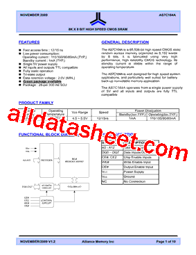 AS7C164A Datasheet PDF - Alliance Semiconductor Corporation